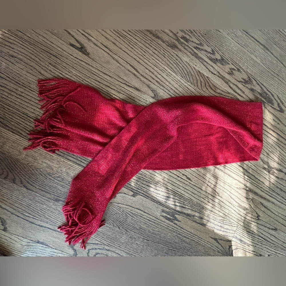 Echo Vibrant Red Fringed Scarf w/ Gold Shimmer